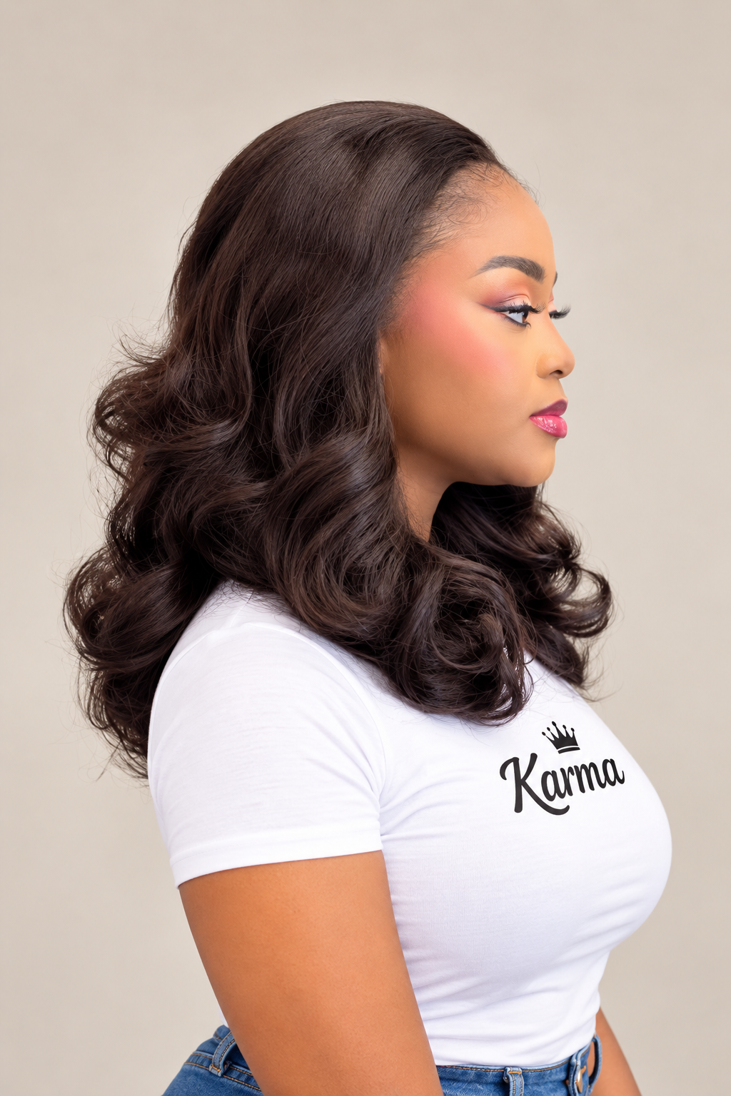 Favored | 18 Inch Brown Layered Human Hair Blend Lace Front Wig image 1
