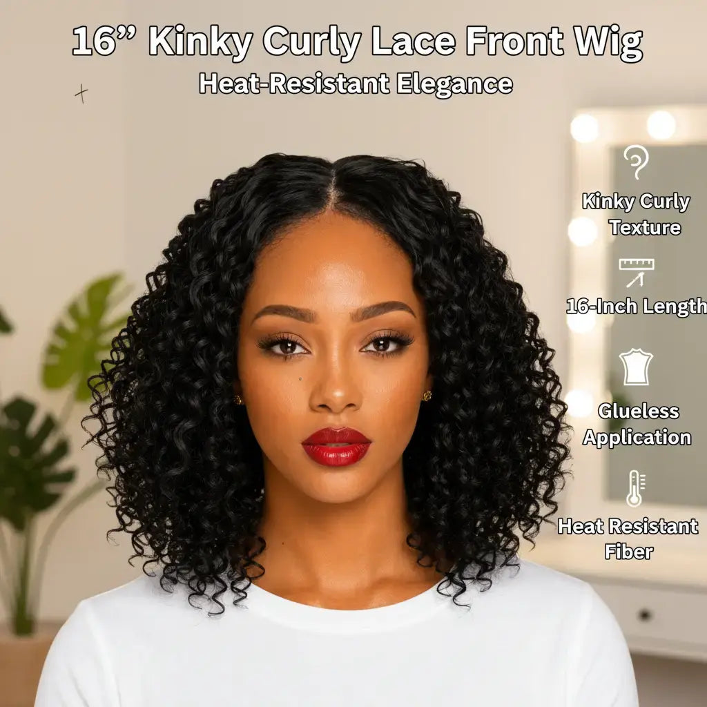 Chosen | 16 Inch Kinky Curly Synthetic T Part Lace Front Wig, Color 1B, Glueless Heat Resistant Wig image 0