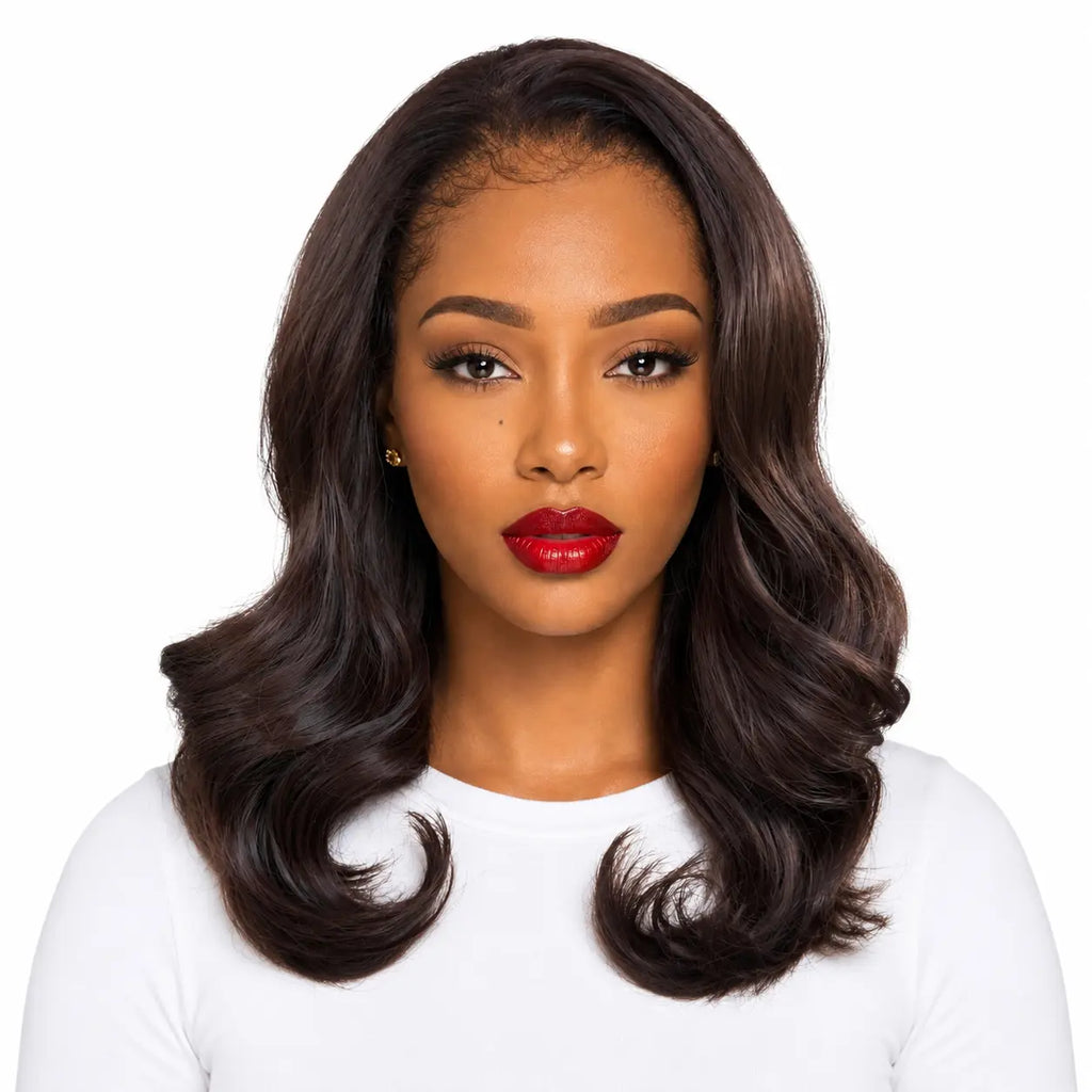 Favored | 18 Inch Brown Layered Human Hair Blend Lace Front Wig image 0