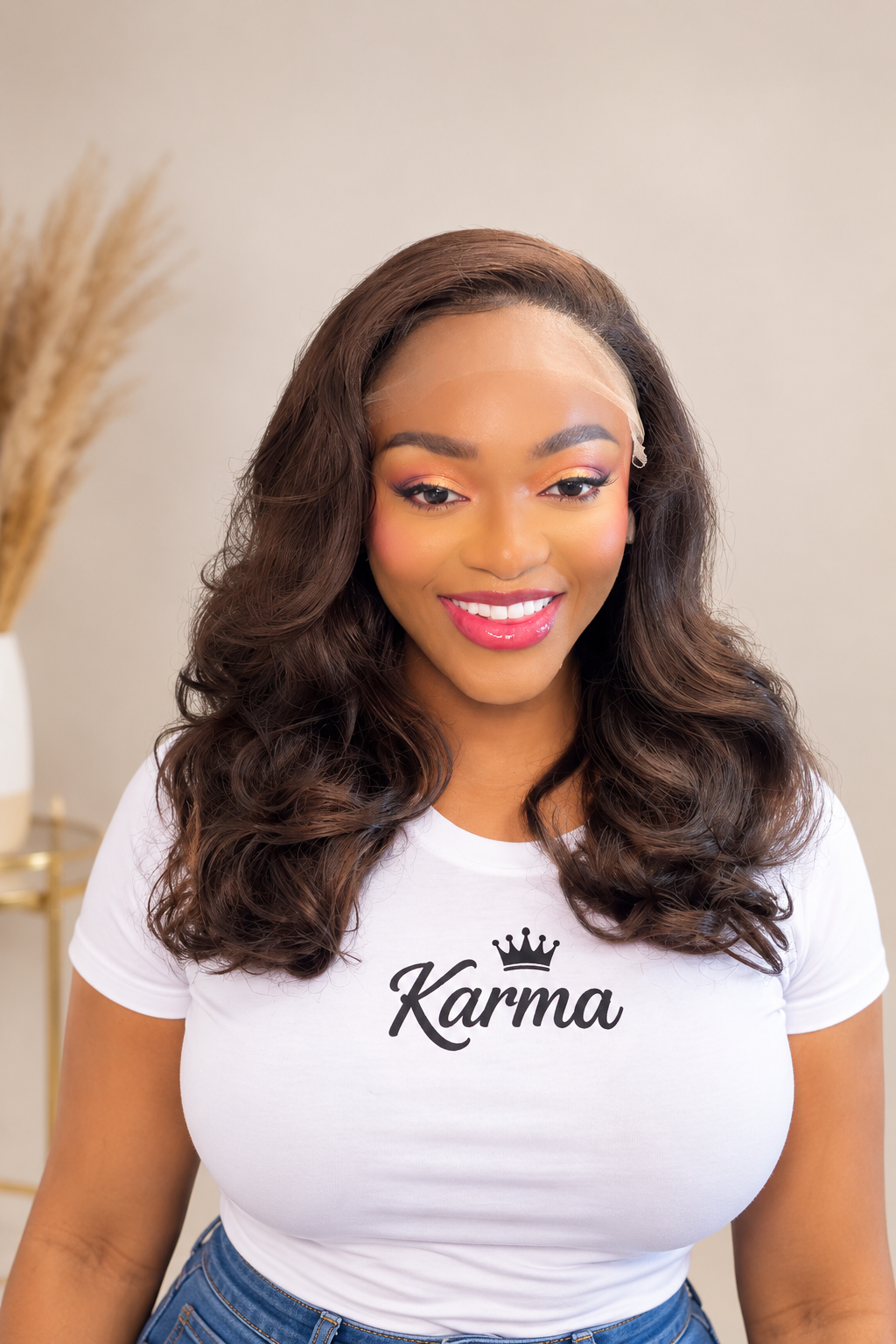 Favored | 18 Inch Brown Layered Human Hair Blend Lace Front Wig image 2